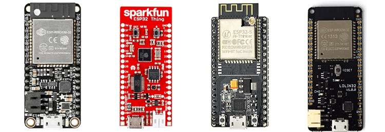 Placas populares: DEVKIT, Sparkfun, NodeMCU, LoLin32