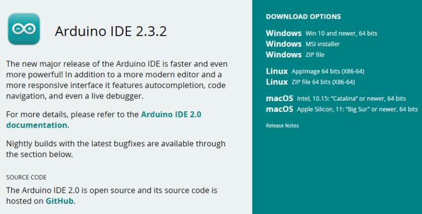 Página de descarga de Arduino IDE 2.3.2