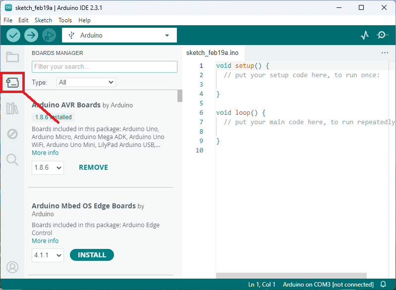 Arduino IDE - Gestor de placas abierto