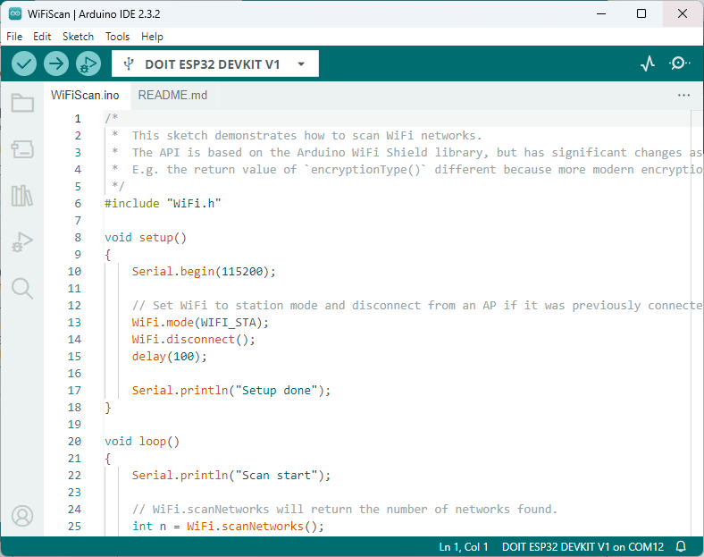 Arduino IDE - Sketch WiFiScan abierto