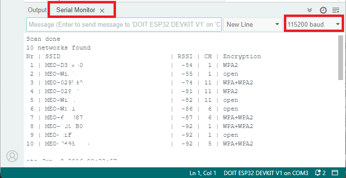 Arduino IDE - Monitor Serial mostrando redes WiFi encontradas