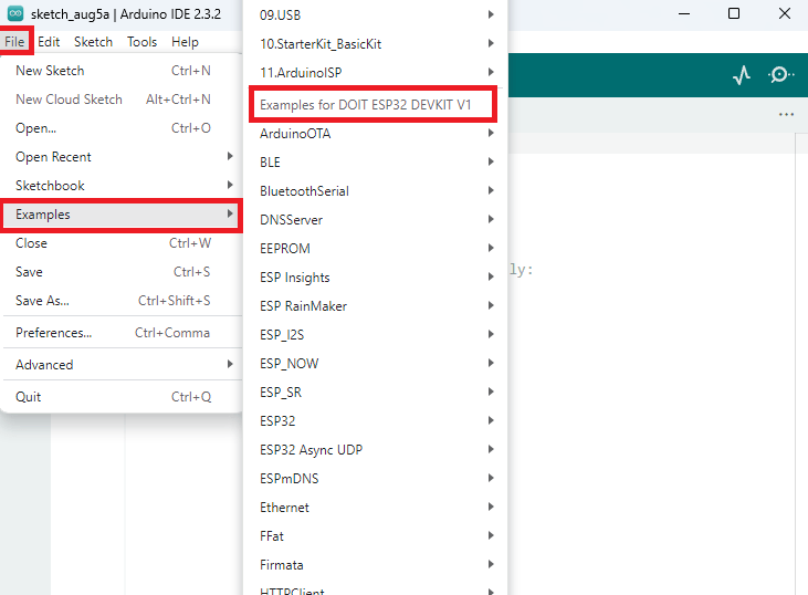 Arduino IDE - Ejemplos disponibles para ESP32 DEVKIT V1